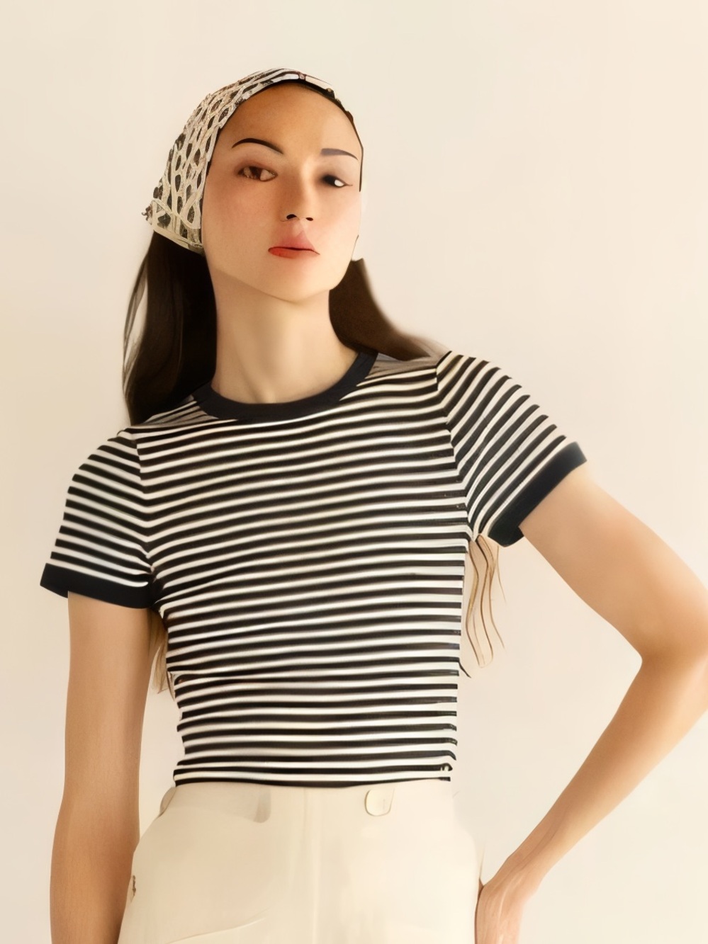 Doen Striped Blue Rib-Trim Tee Large